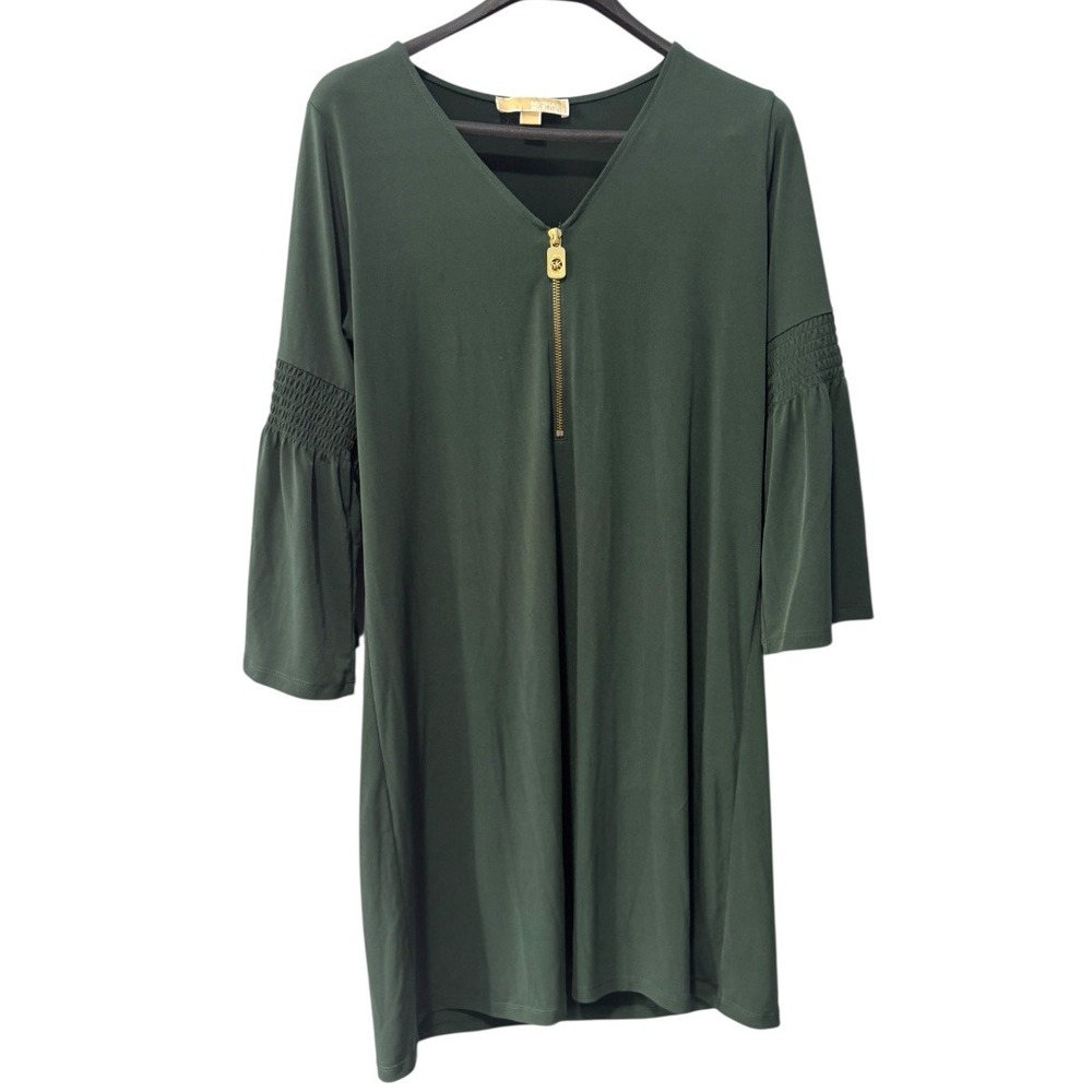 Michael Kors Dark Green Dress V Neck Gold Zipper Bell Sleeve Smocked Detail